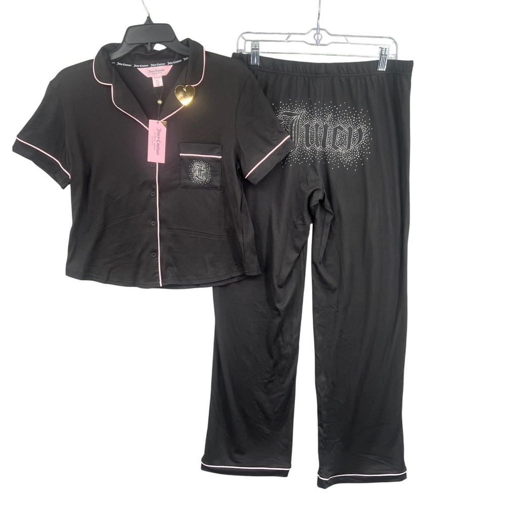 Juicy Couture Pajama Set S Black Pink Trim‎ Rhinestone Logo NWT Sleepwear Lounge